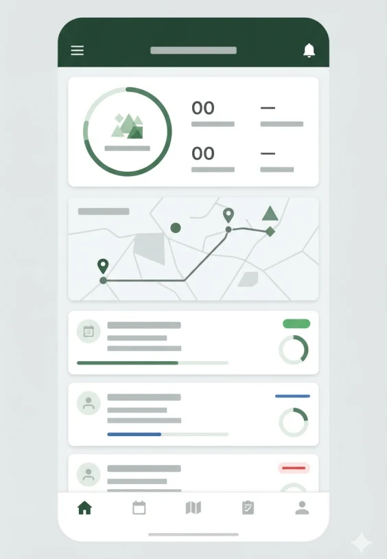 Logyfy field officer app showing punch-in, route and visit log