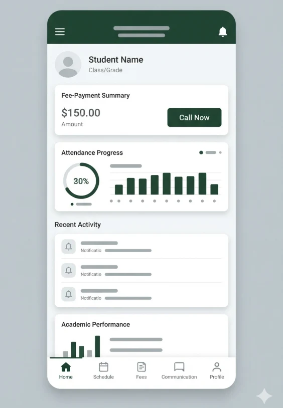 Logyfy parent and teacher app showing attendance, fees and notices